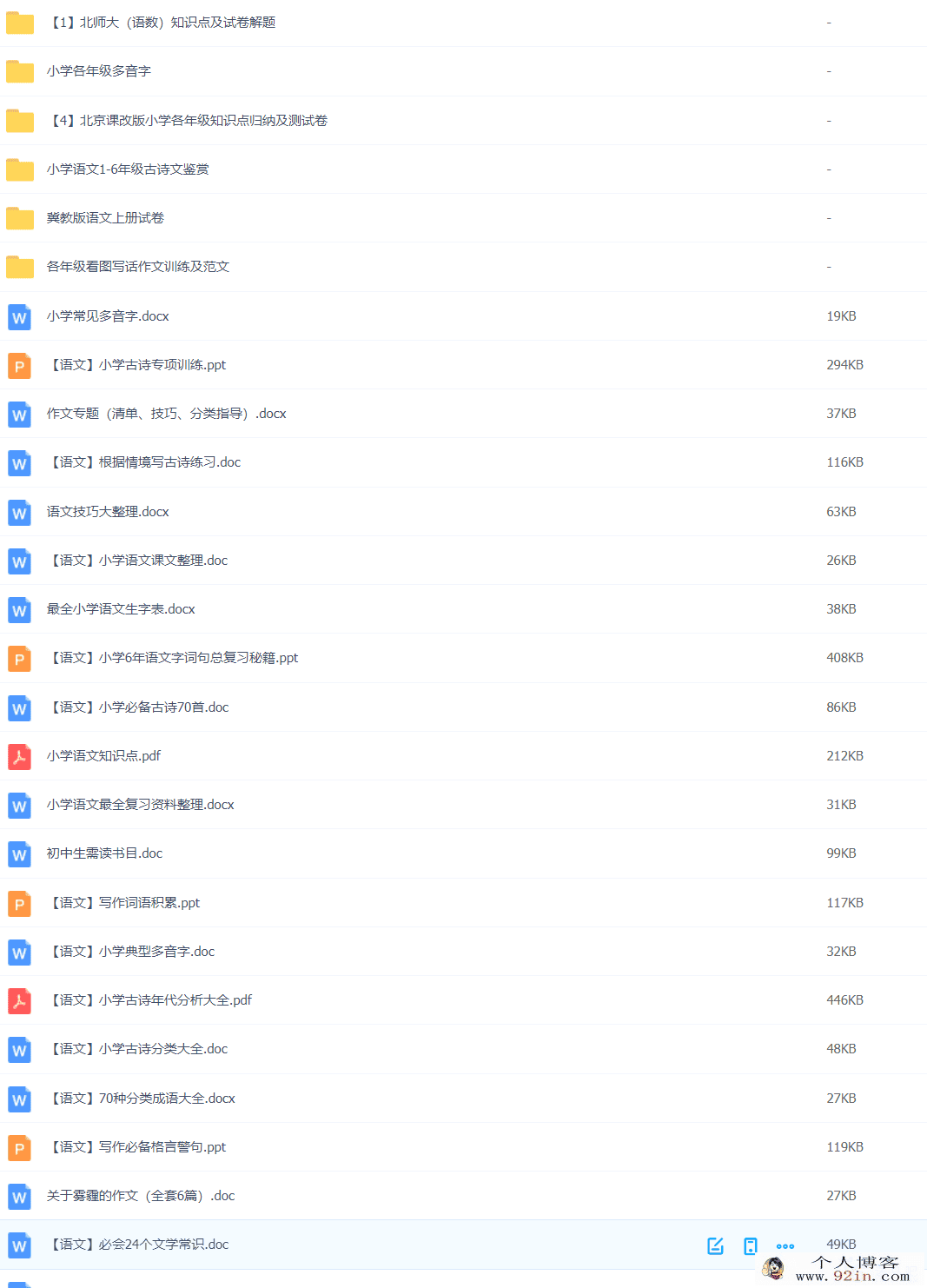 小学1-6年级语文知识点归纳 PDF+DOC+PPT文档