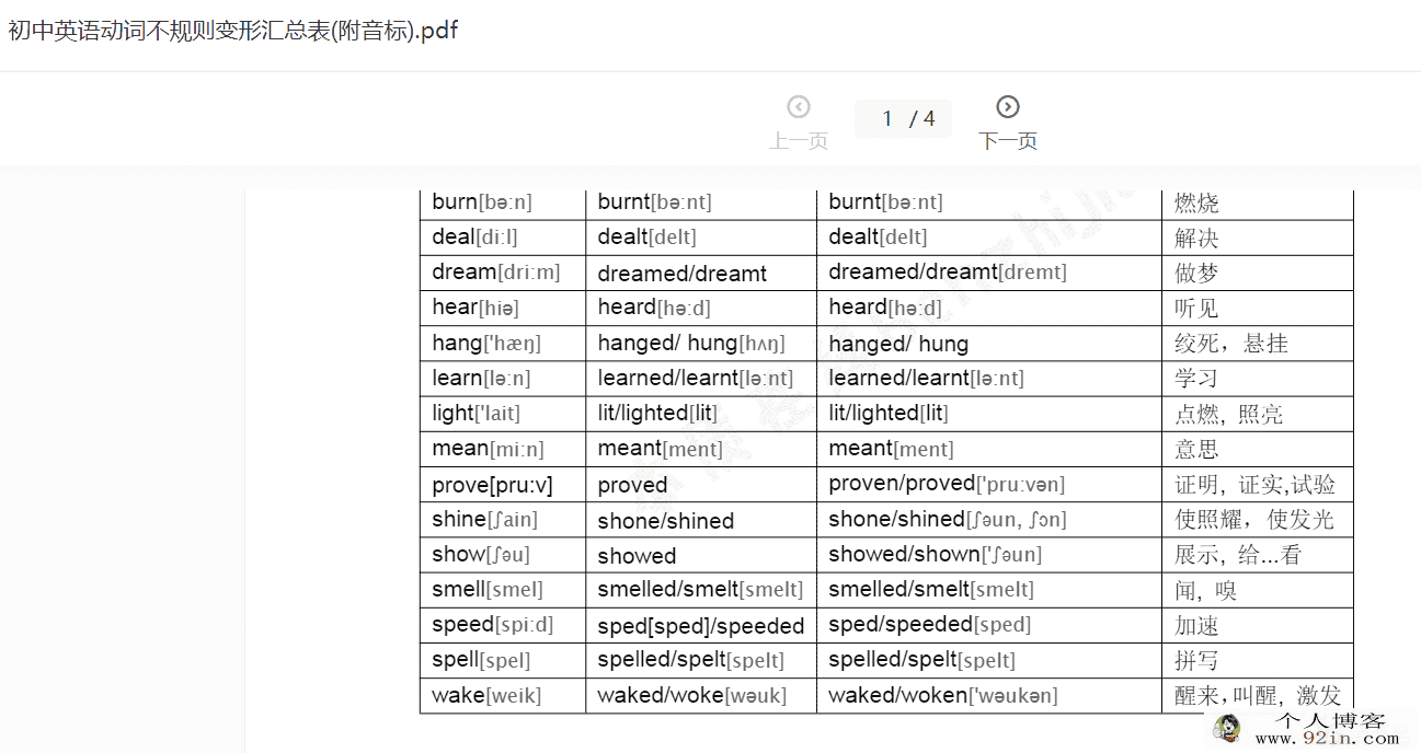 初中英语动词不规则变形汇总表(附音标)PDF文档百度网盘下载